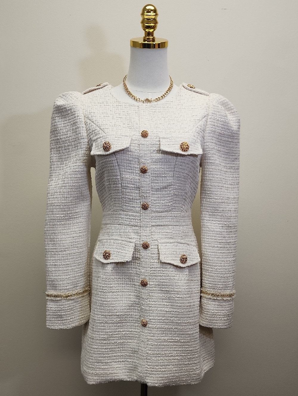 Aimili Cream Tweed Mini Dress Coat Gold Button Structured Preppy Size Medium